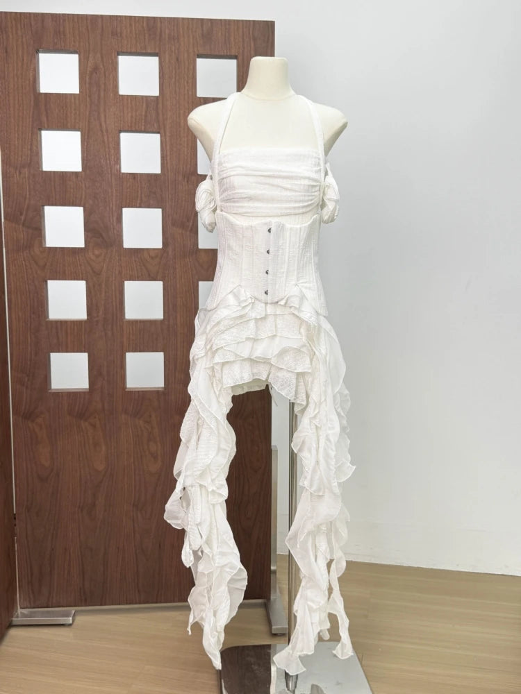 Women Ruffles Draped Dress Three Piece Sets Sexy Halter Neck Folds Ruffled Dress+Lace-up Corset Top+Shorts Suits Party Cocktail