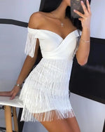 Load image into Gallery viewer, Women Evening Dresses Sexy Big V Neck One-shoulder Fringed Skirt Ladies Temperament Slim Dress Short Sleeve Club Dress Vestidos