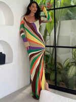 Load image into Gallery viewer, Women's Dresses Rainbow Outerwear Print Bodycon Maxi Dress Long Sleeve Summer Trendy High Slit Casual Evening Gown Woman Clothes