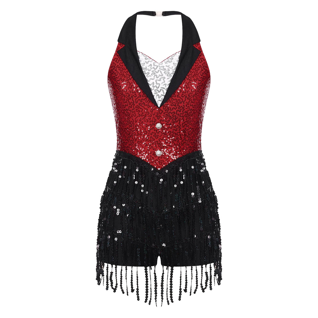 Women Modern Dance Dress Performance Costume Shiny Sequins Sleeveless Latin Jazz Tango Salsa Dance Leotard Bodysuit Dress Outfit
