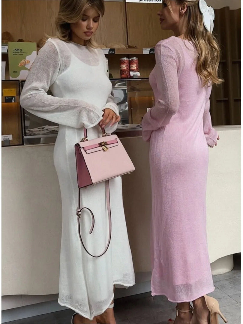 Sweet Pink Mohair Knitted Dress+Vests Dress Women New O-neck Casual Long Sleeve Dresses Suspenders Chic Vintage Two-piece Suit