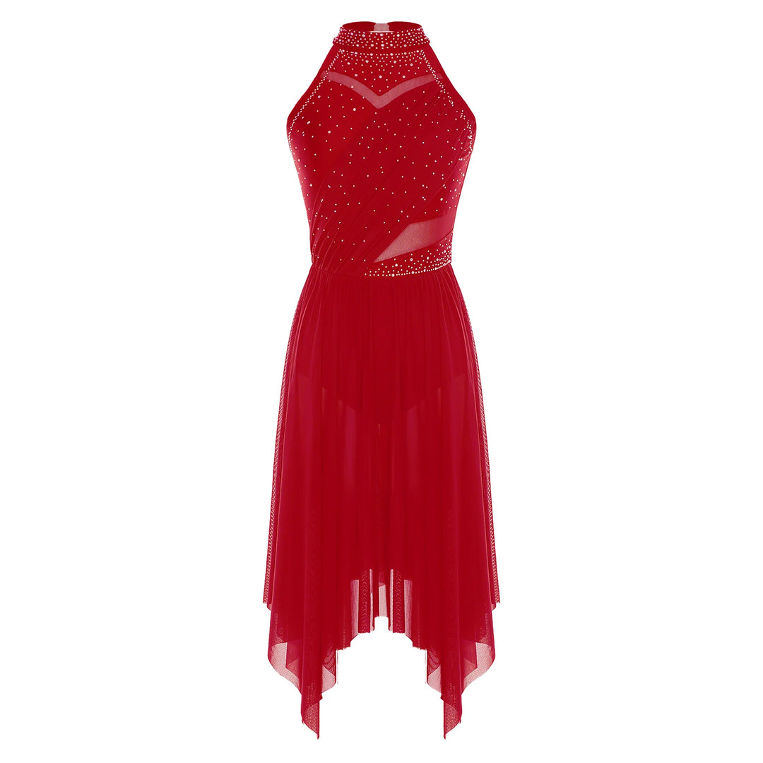 Women Lyrical Dance Dress Halter Glittery Rhinestones Patchwork Irregular Mesh Ruffled Hem Dress for Dance Classes Competition