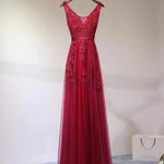 Load image into Gallery viewer, Women Burgundy Evening Dress Lace Appliques Tulle V-Neck Sexy Backless Prom Dresses A-Line Floor-Length Sleeveless Party Vestido