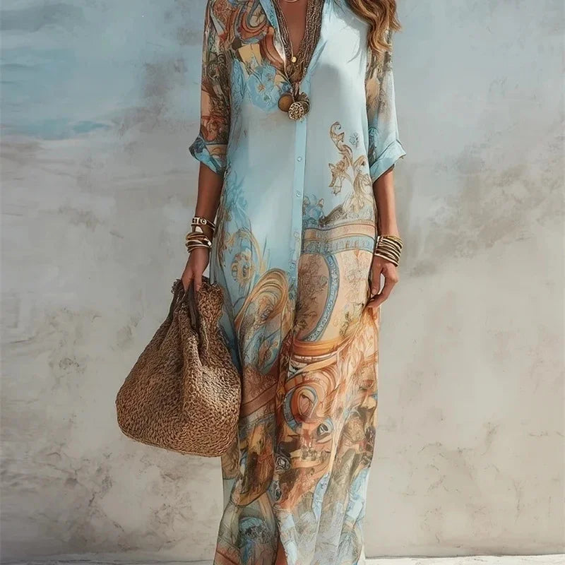 Elegant Shirt Dress For Women Chiffon Digital Print Turndown Collar Single-breasted Dresses Flowy Casual Boho Summer Clothing