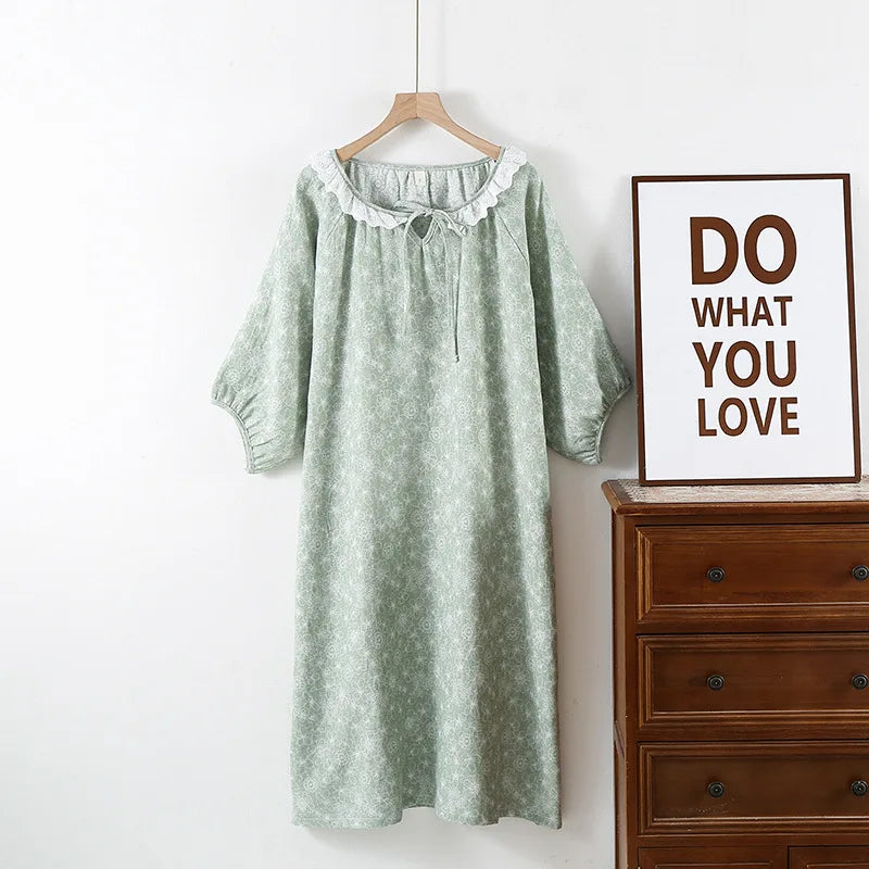 Nightwear Dresses for Women Spring and Summer Cute Sweet Fresh Style Fiber Casual Sleepwear Long Sleeved Night Gown