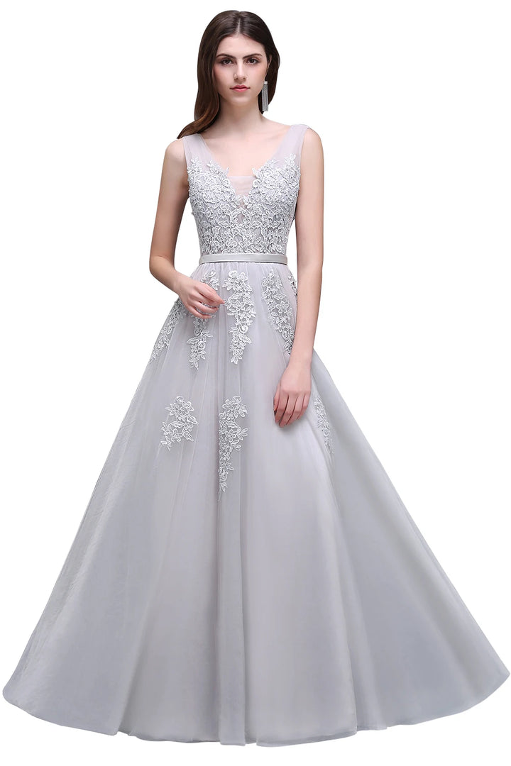 Women Burgundy Evening Dress Lace Appliques Tulle V-Neck Sexy Backless Prom Dresses A-Line Floor-Length Sleeveless Party Vestido