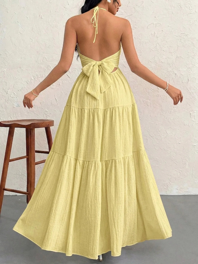 Women's Casual Dresses Halter Backless Yellow Tiered Flowy Boho Dress Spring Summer Beach Vacation Breathable Dress
