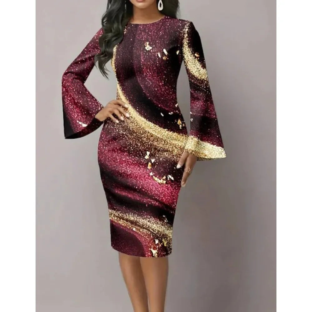 Women's Elegant Bodycon Dress with Flared Sleeves Unique Blue & Gold Metallic Swirl Print Boho Chic Midi Dress for Night Out
