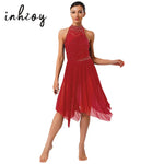Load image into Gallery viewer, Women Lyrical Dance Dress Halter Glittery Rhinestones Patchwork Irregular Mesh Ruffled Hem Dress for Dance Classes Competition