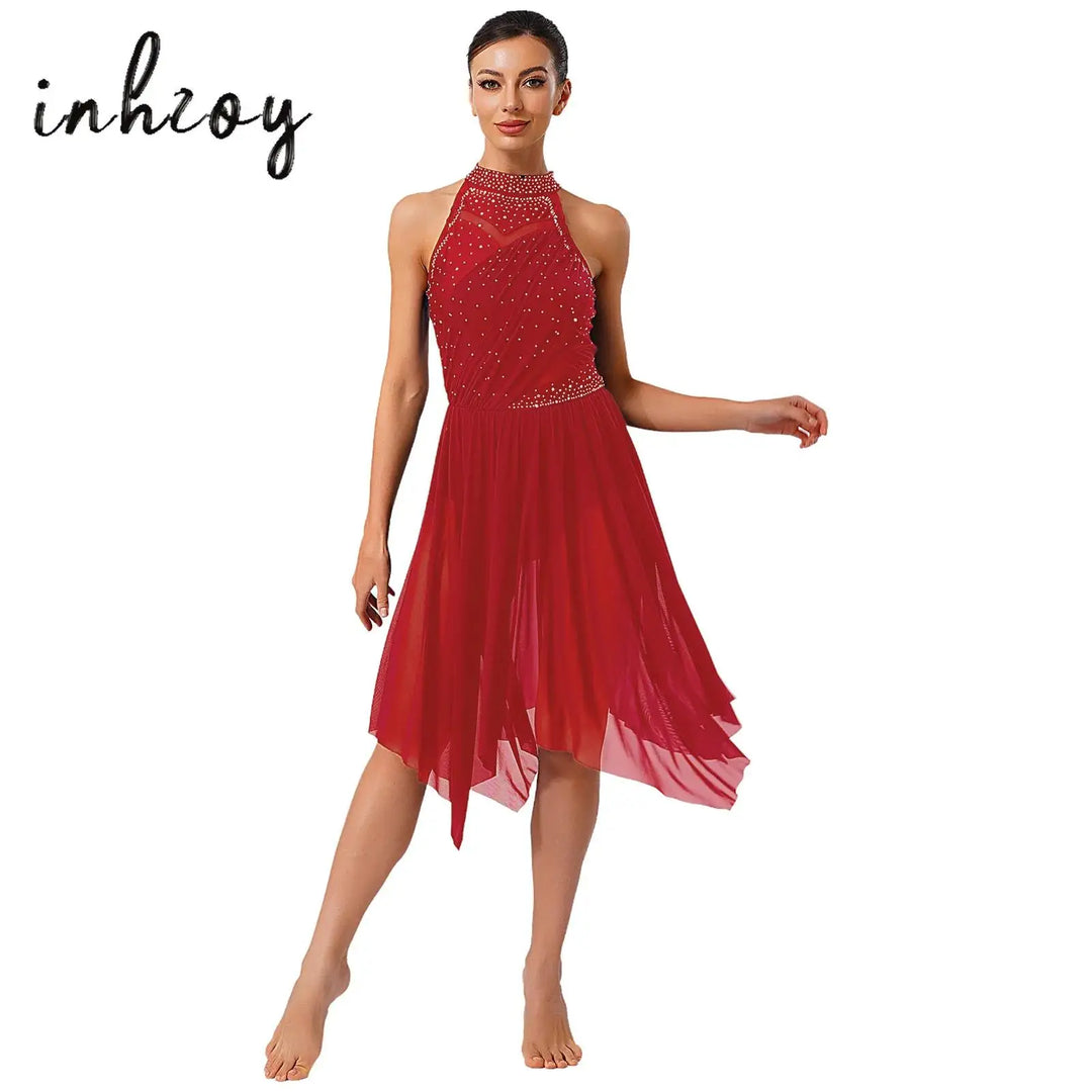 Women Lyrical Dance Dress Halter Glittery Rhinestones Patchwork Irregular Mesh Ruffled Hem Dress for Dance Classes Competition