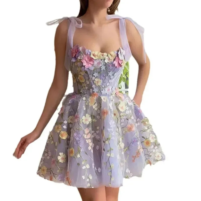 Women's Dress Fashionable 3D Flower Embroidery Wrapped Hip Sleeveless Sexy Sling Dress 2025