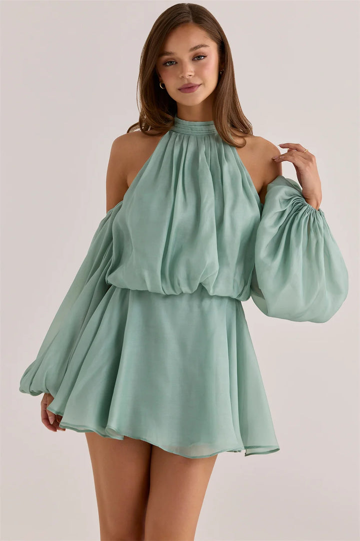 Women's Formal Evening Gowns Elegant Halter Neck Cold Shoulder Pleated Chiffon Evening Dresses Long Prom Party Dress Vestidos