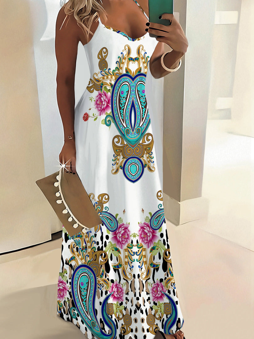 Vacation Dress for Women Floral Paisley Abstract Print Sleeveless Shift Dress Round Neck Summer Casual Maxi Dress Beach Party