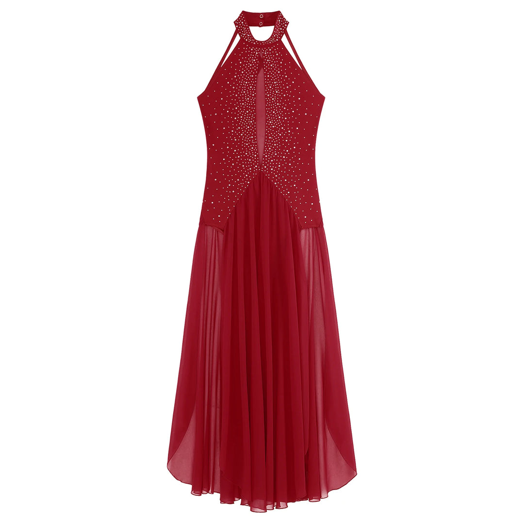 Women Lyrical Dance Dress Modern Contemporary Dancewear Halter Strappy Back Rhinestones Split Dress for Performance Competition