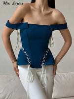 Load image into Gallery viewer, Elegant Off Shoulder Blue Tube Top Women's Contrast Lace Up Waist Cinched Corset Tops 2026 Summer New Lady Fashion Streetwear