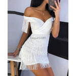 Load image into Gallery viewer, Women Evening Dresses Sexy Big V Neck One-shoulder Fringed Skirt Ladies Temperament Slim Dress Short Sleeve Club Dress Vestidos