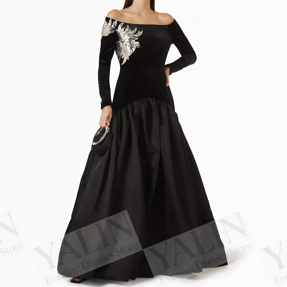 Women's A-line Evening Dresses Floor-length Off The Shoulder Full Sleeve Prom Dresses Fashion Sequined Draped Customized Gowns