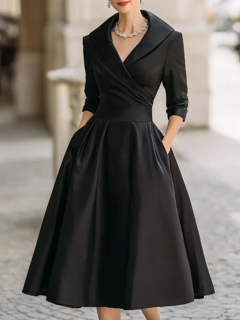 Women's Elegant Wrap Midi Dress with Ruffled Collar and Pockets - Chic Formal Wear