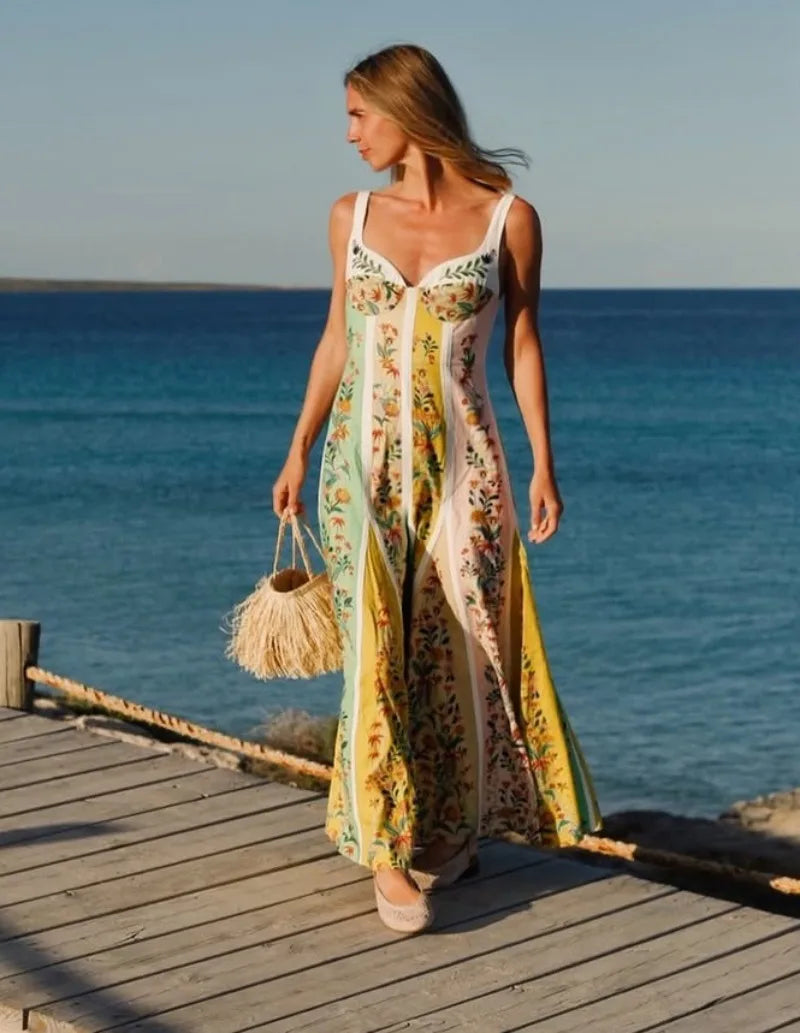 Women Elegant Sleeveless Party Dresses Casual Deep V Neck Maxi Dress Sexy Ladies  Backless High Waist Print Dress Vestidos