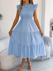 Spring Summer Elegant Ruffled Dresses for Women 2026 Casual Vacation Solid Color Round Neck Sleeveless Long Dress Blue Green