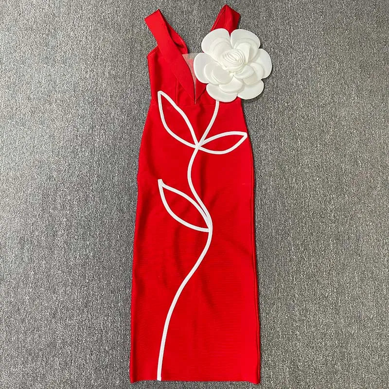 Women's Evening Dresses Sexy Strapless Tie White Flowers Bodycon Bandage Long Dresses Elegant Party Birthday Dresses
