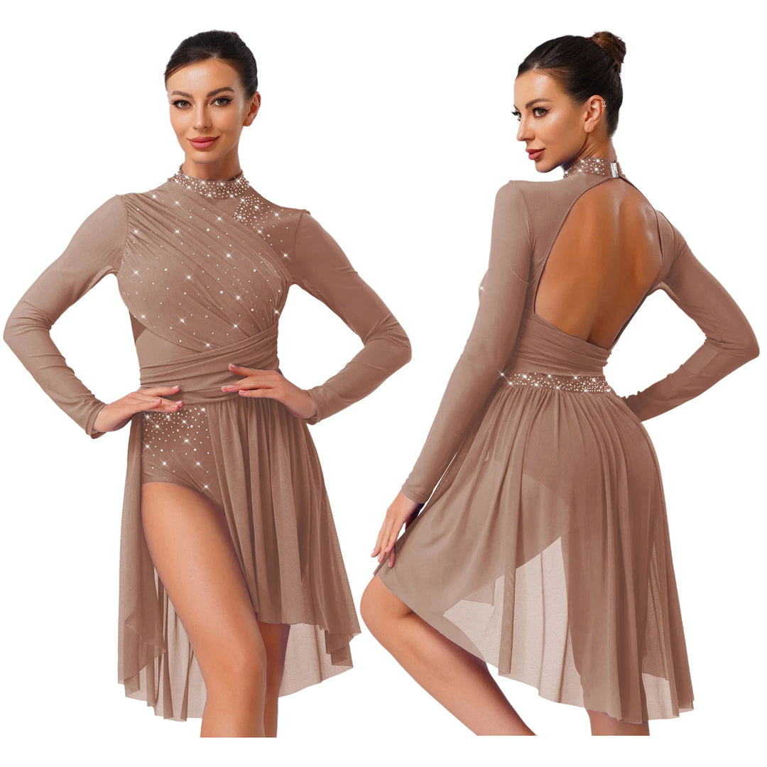 Womens Gymnastics Lyrical Ballet Dance Glittery Rhinestone Dress Ruched Backless Leotard Dresses Contemporary Dance Costumes