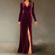 Velvet Dress for Women 2025 Autumn Winter New V-neck Slim Twist High Waist Evening Dress Sexy Solid Color Pleated A-line Dresses