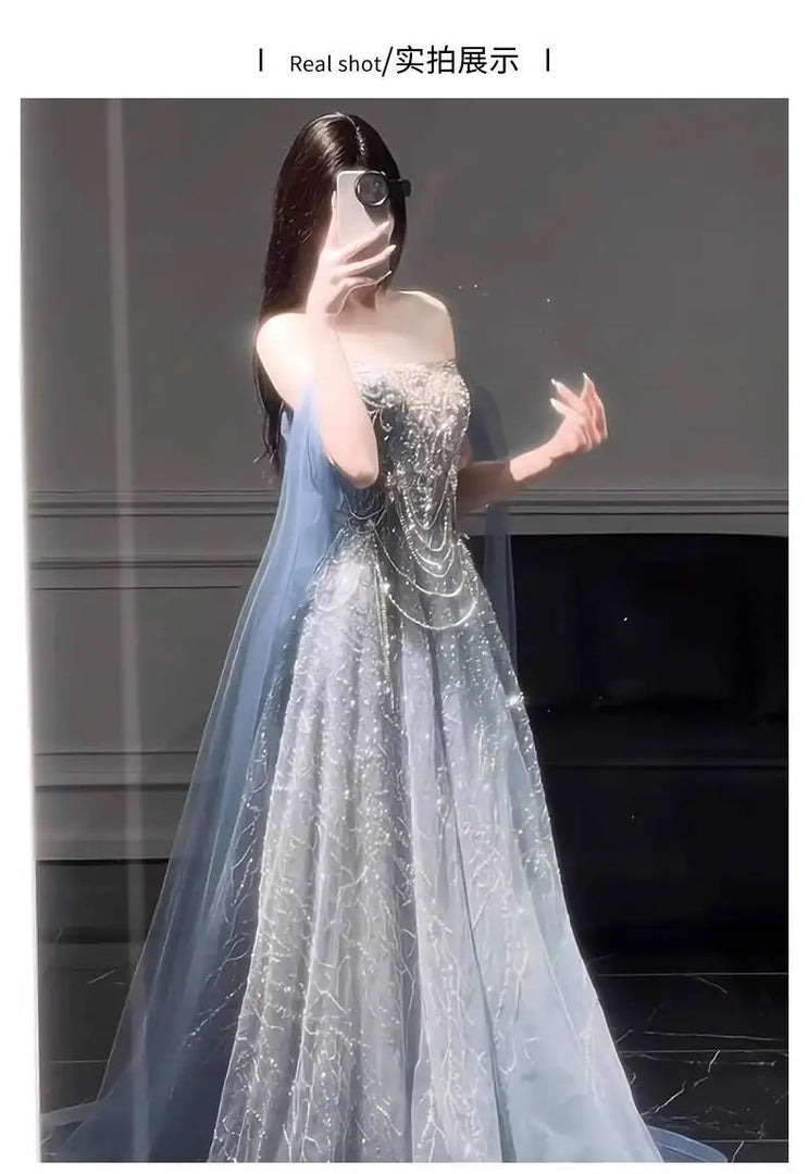 Blue Evening Dress For Women 2025 New High-End Sense Of Style Coming-of-Age Dress High-End Light Luxury Annual Meeting Art Exam