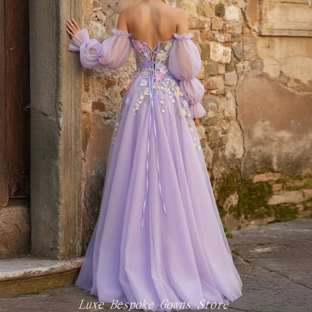 Women's A-line Evening Dresses Floor-length Off The Shoulder Full Sleeve Prom Dresses Fashion Flowers Draped Customized Gowns