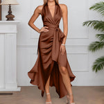 Load image into Gallery viewer, Women's Deep V-Neck Ruffled Evening Gowns Solid Lace-Up High Waist Satin Party Dresses Elegant Temperament Wedding Guests Dress