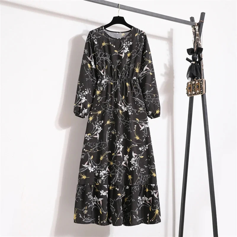 Women Long Dresses Spring Summer Casual Full Sleeve Floral geometry Printed O neck Woman Bohe Beach Party Dress Mujer Vestidos