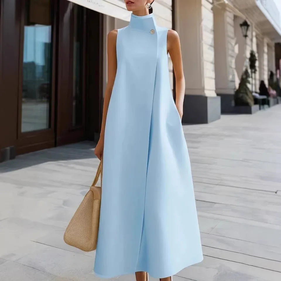 2026 New Women's Summer Dresses White Elegant Commuter Long Dress Stand Collar Single Button Sleeveless Party Dresses for Women
