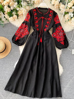 Load image into Gallery viewer, Women Autumn Dresses Bohemian Embroidered Flower O-Neck Lantern Sleeve High Waist Pleated Dress All-match Female Vestidos PL393