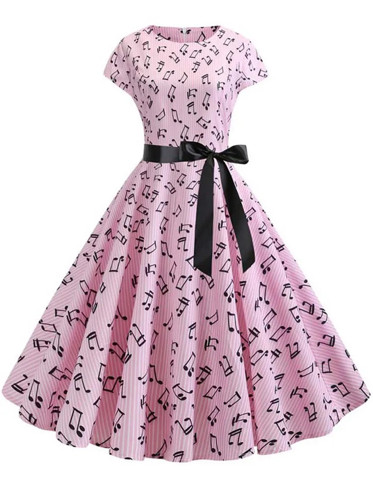 Women Summer Music Note Print Dress 50s 60s Robe Retro Swing Casual Vintage Party Dresses Vestidos