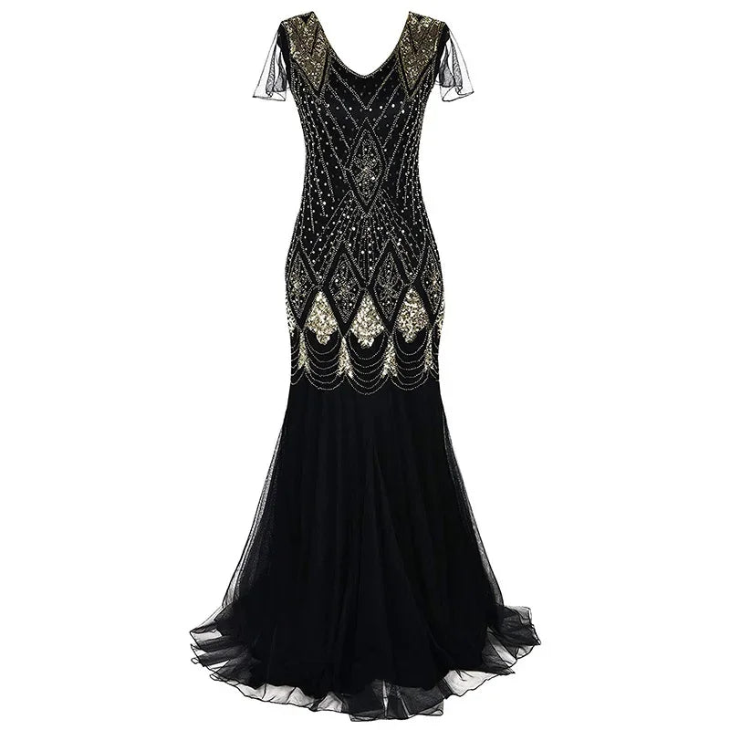 Women's Fashion 1920s Flapper Dress Vintage Great Gatsby Long Evening Prom Sequin Party Dress Women Mesh Costume