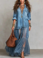 Load image into Gallery viewer, Denim Dress Women Dresses A Line Turn Down Collar Full Sleeve Ruffled Vintage Elegant Mesh Splice Work Causl Y2k Streetwear 2026