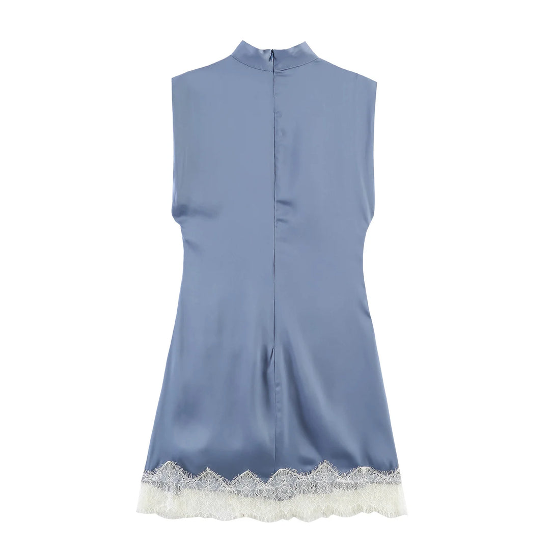 Womens Dresses Elegant Blue Dress For Women High Neck Sleeveless With Ruffled Lace Hem Autumn Winter Slim Fit Mini Dress Brand