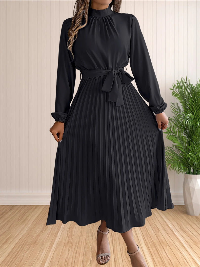 Women's Long Dresses Summer Elegant Pleated Long Sleeveed Lace Up Dresses Beach Boho Wrap Ruffle Hem Swing Sundress