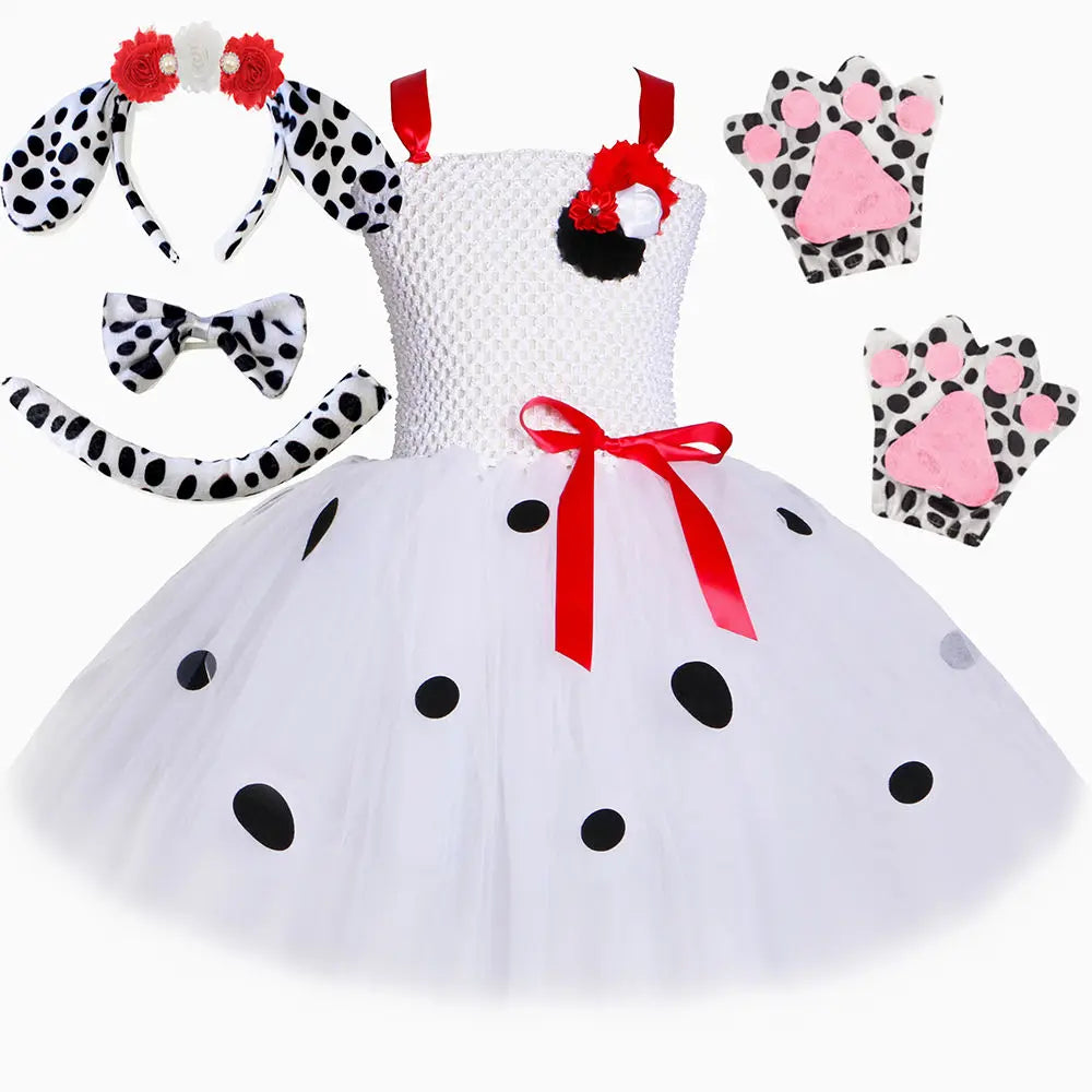 Dalmatian Costume Kids Cute Flowers Spotted Dog Tutu Dress Toddler Girls Halloween Festival Party Animal Puppy Dress Up Outfits