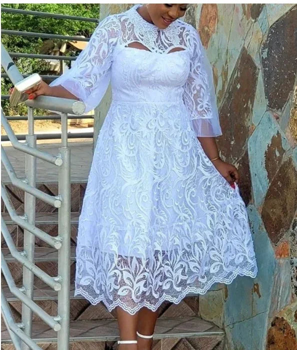 White Lace Dresses for Women Wedding Guests Elegant Turn Down Collar Puff Sleeves Pleated Hem Midi Dress Luxury Occasion Clothes